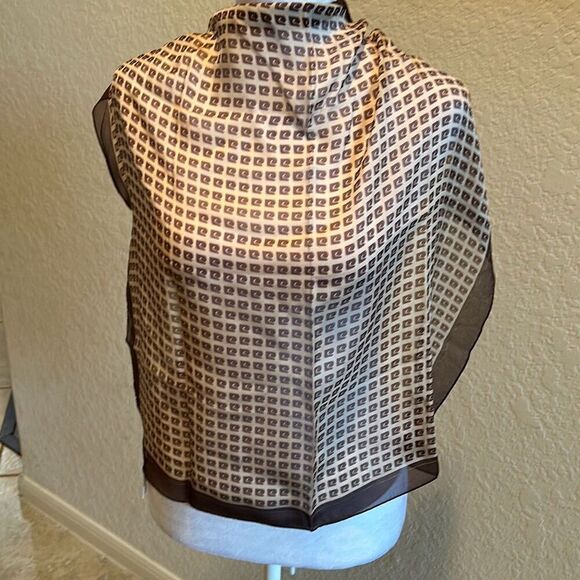 Vintage Pierre Cardin 100% Silk Square Scarf Brown Tan Logo Print Luxury Neutral - Picture 4 of 9